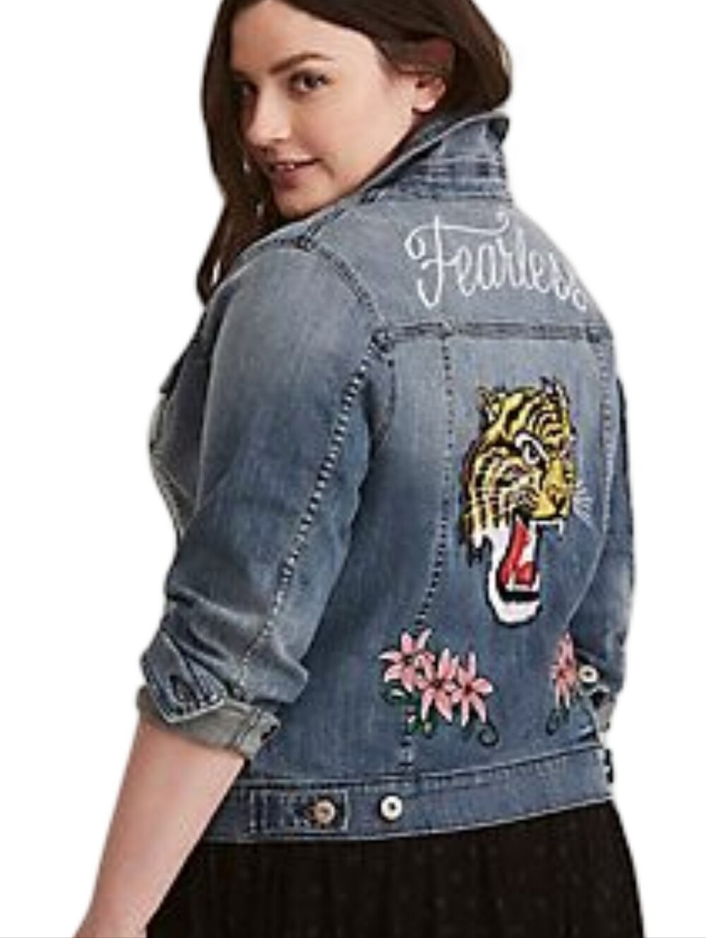 Torrid Fearless Embroidered Tiger Floral Denim Trucker Jacket Medium Wash Plus - Picture 2 of 16
